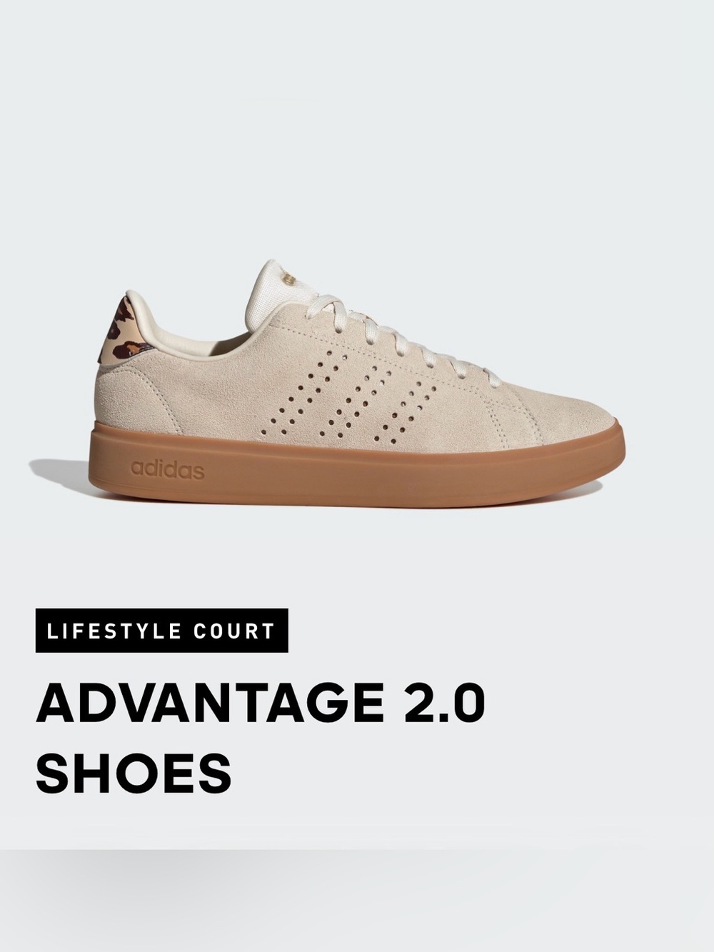 adidas Advantage 2.0 Sneaker in Cream with Gum Sole & Leopard print detail